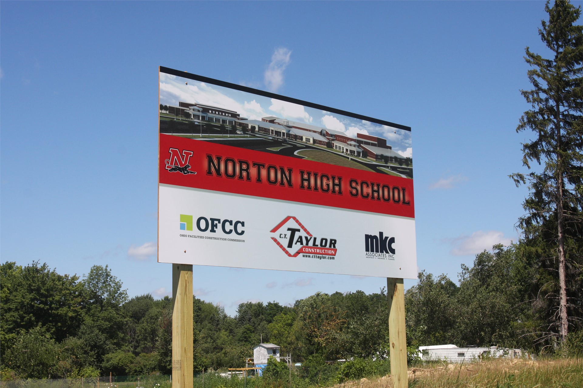 A sign noting the construction of Norton High School was posted at the main entrance of the campus o