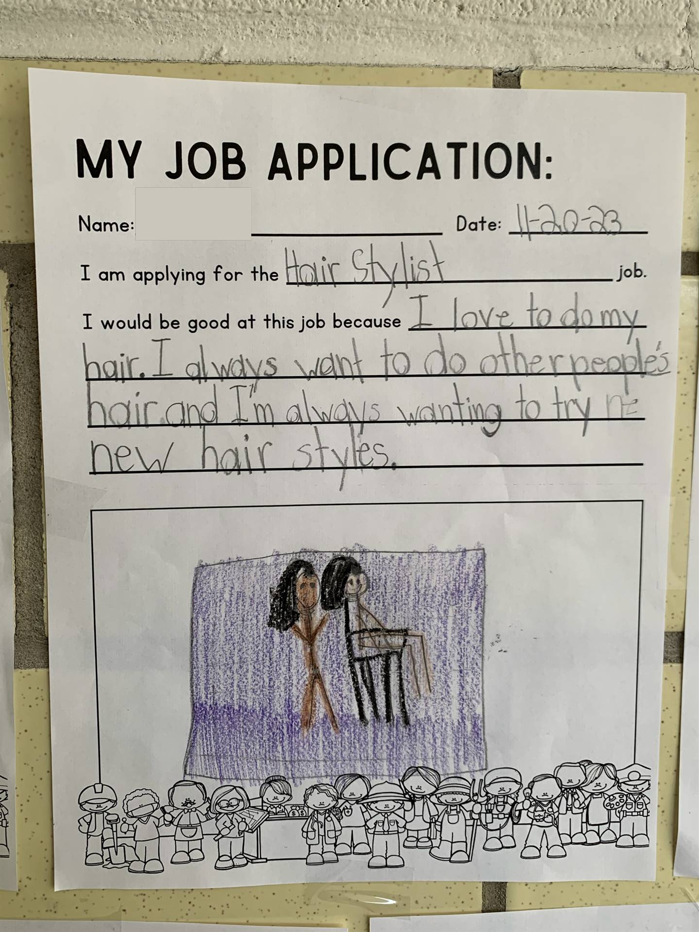 A 3rd grade job application for a hair stylist.