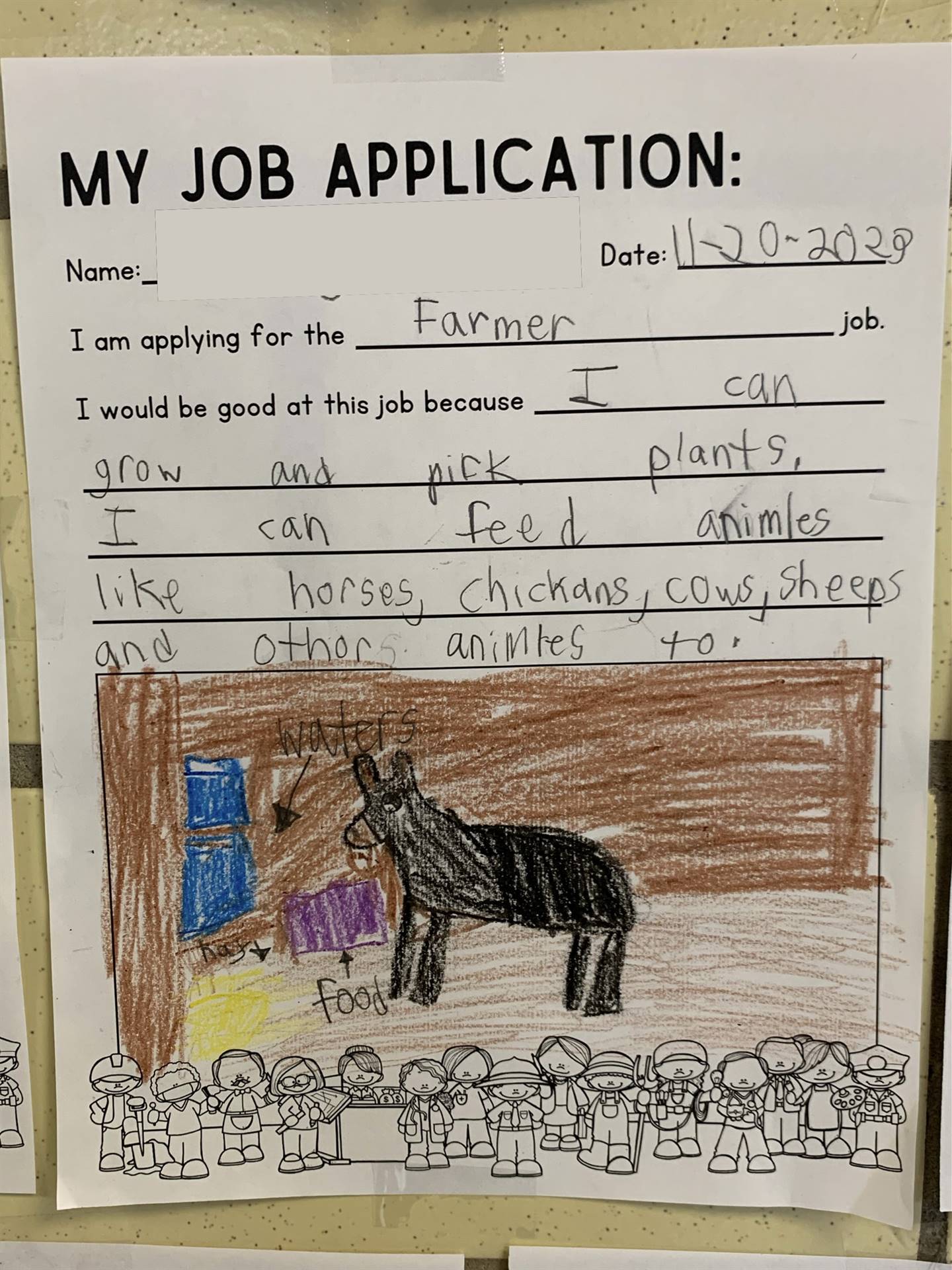 A 3rd grade job application for a farmer.
