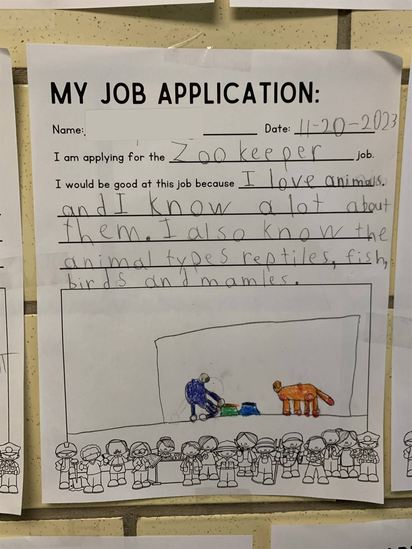 A 3rd grade job application for a zookeeper.